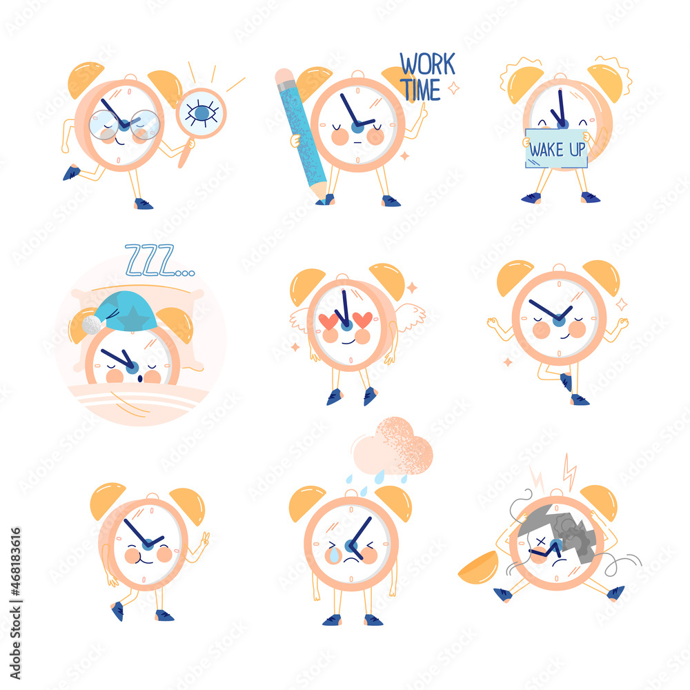 Poster funny clock character with smiling face sleeping and crying vector set