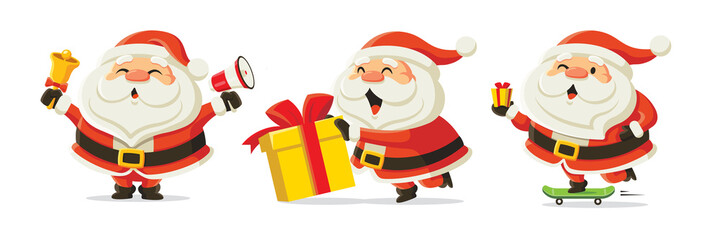 Set of cartoon Santa Claus. Happy Santa pushing Christmas gift box, holding bell and megaphone, delivering Christmas present by skateboard. Funny and cute character