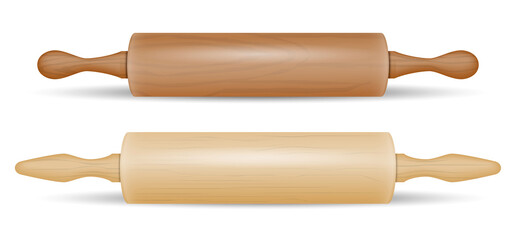 set of realistic wooden rooling pin with handles isolated or wooden marble stone. 
