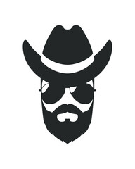 Cowboy head graphic icon. Man with beard in hat and sunglasses sign isolated on white background. Vector illustration