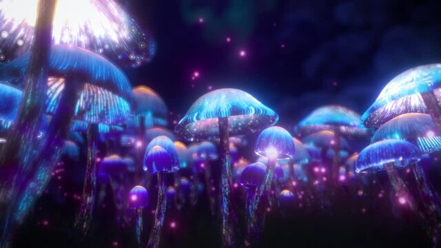 Psychedelic Mushroom Motion Graphics 3D Animation. Blue Magical Forest. A Trippy VJ Loop 4K. Can be Used as Music Background or for Live Concert Video