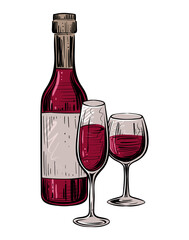 Bottle of red wine and two glasses, color vector illustration