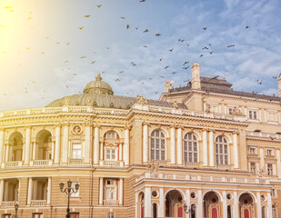 Fototapeta na wymiar The building of the Opera and Ballet Theater and a flock of pigeons in the sky on an early sunny morning. Baroque style. Ukraine. Odessa. 