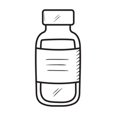 Sketch illustration of medicine bottle. Drugstore product. Black outline doodle of medical container. Isolated vaccine drawing on white