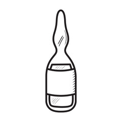 Sketch illustration of medicine ampoule. Drugstore product. Black outline doodle of medical bottle. Isolated drawing on white