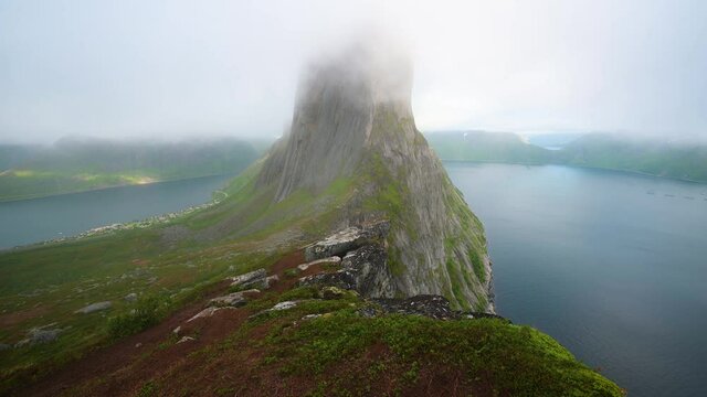 Fog moving over the Segla mountain on Senja island in northern Norway