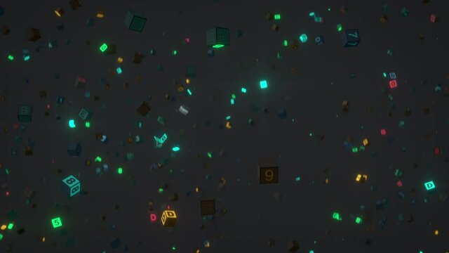 Cubes with hex-code in mid air. Digital data storage visualization. Seamless loop 3D render animation