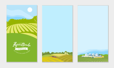 A set of banners with the concept of agriculture, crop production, and farming. Vector illustrations of farmland, rural landscape, tractor, combine harvester in the field. - obrazy, fototapety, plakaty
