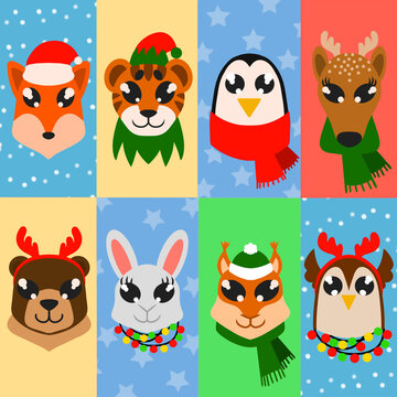 Set of portraits of various cute animals on colorful background. Fox tiger penguin deer brown bear bunny squirrel and owl. Image can be used to decorate christmas cards print on clothes or stationery