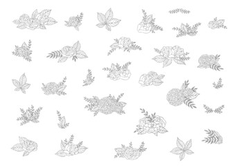 Roses and leaves silver glitter outline silhouettes. Clip art set on white background