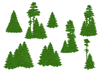 Fototapeta premium Christmas tree textured silhouettes. Clip art kit on white 