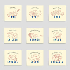 Fototapeta premium Set of meat products and meat delicacies. Sausages, ham, bacon, lard, salami in sketch style.