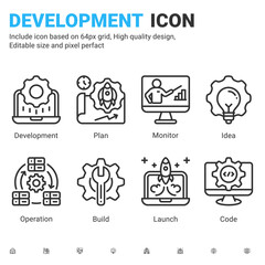 Vector devops icons set with outline style isolated on white background. Vector icon IT operations and software development sign symbol concept for operate, software and technology. Editable stroke