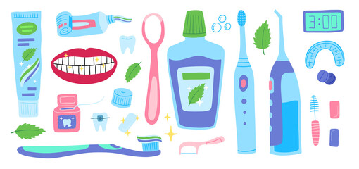 Cartoon Color Mouth Cleaning Tools Icons Set Include of Toothbrush, Tooth, Toothpaste and Mouthwash Flat Design Style. Vector illustration
