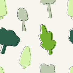 Seamless pattern with green forest trees, black outline, flat style, vector illustration on light background. Nature hand drawn plants, decorative design template