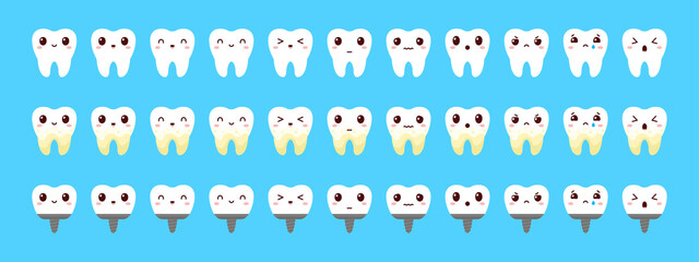 A set of teeth with emotions. Dentistry. Healthy teeth, plaque teeth and an implant. Dental treatment in a dental clinic. Flat style. Vector illustration