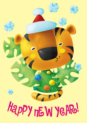 Happy new 2022 year greeting card with cute tiger