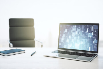 Abstract creative statistics data hologram on modern computer monitor, analytics and forecasting concept. 3D Rendering