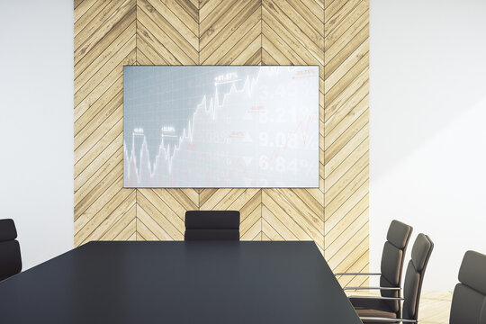 Abstract creative financial graph on presentation screen in a modern conference room, forex and investment concept. 3D Rendering