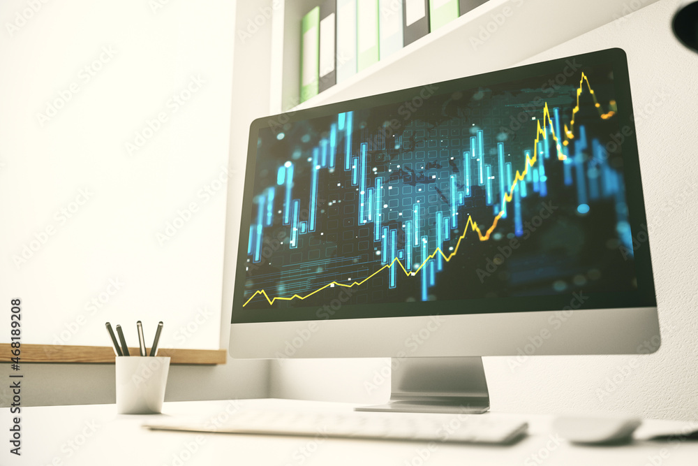 Poster modern computer screen with abstract creative financial chart, research and analytics concept. 3d re
