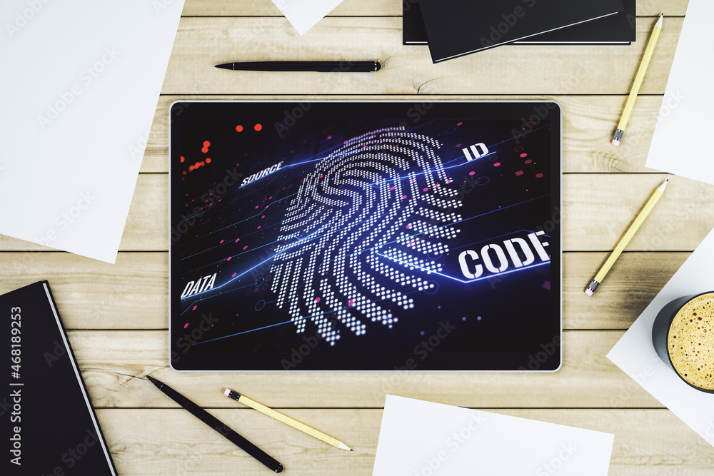 Poster Modern digital tablet screen with abstract graphic fingerprint sketch, fingerprint scan data concept. Top view. 3D Rendering
