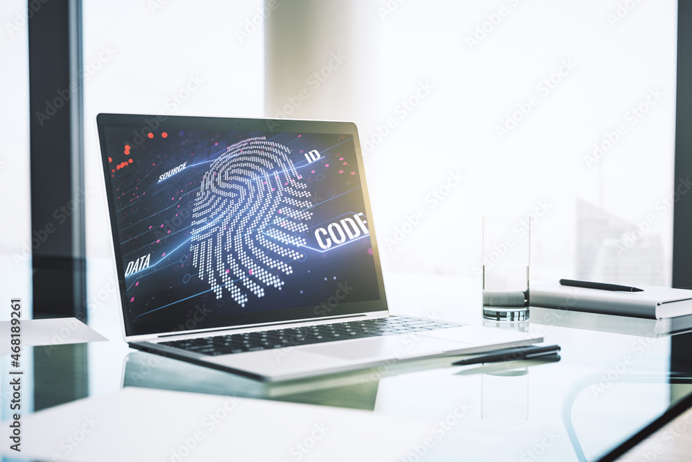Poster Computer monitor with abstract creative fingerprint illustration, personal biometric data concept. 3D Rendering