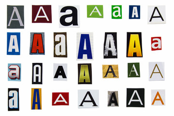 Alphabet letter A cutting from magazine paper. Newspaper clippings with letter A isolated on white background. Anonymous text concept.