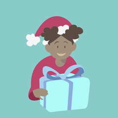 Fille noire avec un cadeau de Noël. Fille noire déguisée en Mère Noël et qui offre un cadeau. 