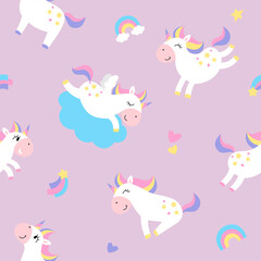 Vector seamless pattern of cute unicorns. Stars, rainbow, cloud. Drawing for textiles, backgrounds and more