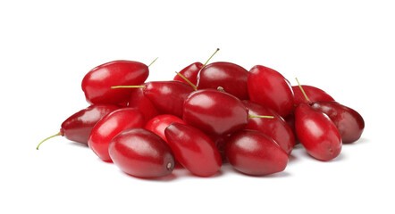 Pile of fresh ripe dogwood berries on white background