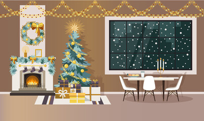 Living room decorated vith christmas tree and fireplace. Christmas interior. Vector illustration in flat style