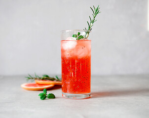 Refreshing drink with grapefruit juice and basil seeds, a sprig of rosemary, ice cubes on a gray background.Detox cocktail. Healthy food.