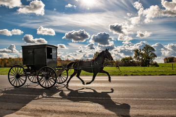 Fototapeta na wymiar Amish Buggy and Cloud Filled Sky