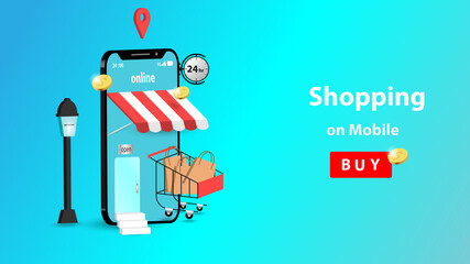 Shop on mobile phone application of shopping online.  Vector store on phone buy in digital market.