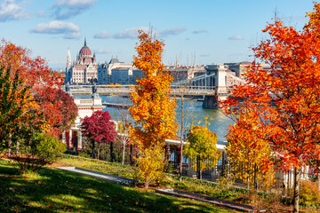Budapest autumn cityscape with Hungarian parliament building and Chain bridge over Danube river,...