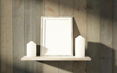 Empty canvas on a shelf. Wooden plank background. Country house interior. Frame template. 3D rendering.