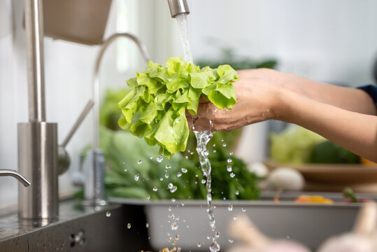 Close up of hands people washing vegetables by tap water at the sink in the kitchen to clean ingredient prepare a fresh salad.