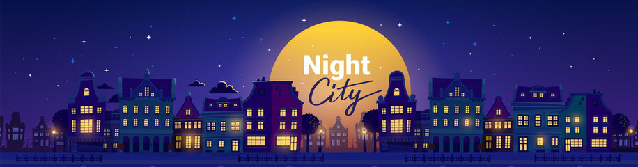Vector illustration of silhouette of night city street with light window and bridge on dark blue sky background with cloud and shine full round moon. Flat style design with text night city © wowomnom