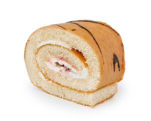 Roll with cream, strawberry, isolated on white background