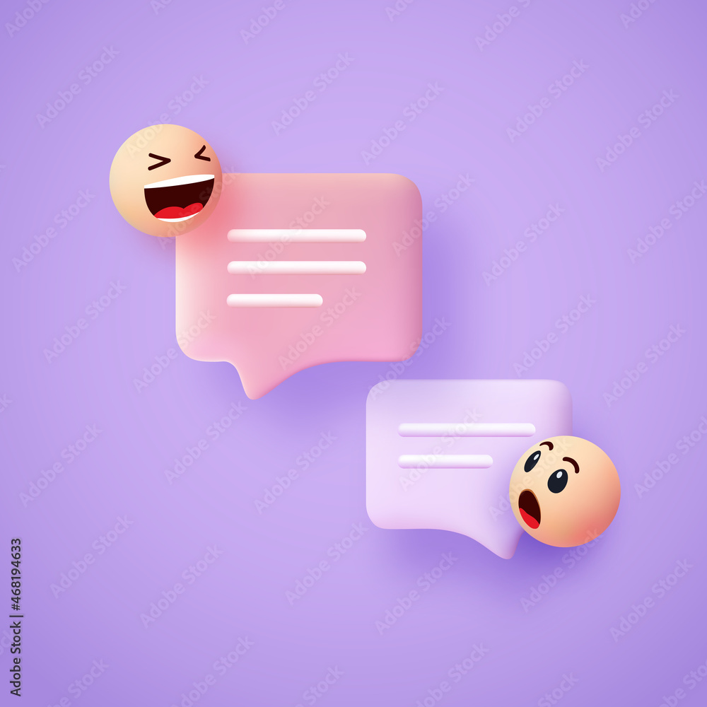 Poster realistic 3d chat bubbles with smiling faces. interaction between people through social networks. me