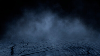 Dark street, wet asphalt, reflections of rays in the water. Abstract dark blue background, smoke, smog. Empty dark scene, neon light, spotlights. 