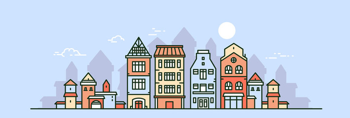 Vector illustration of city street on blue color sky background with sun and cloud. Line art style design of panorama of european city