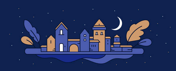 Obraz na płótnie Canvas Vector illustration of fly night city street on dark blue color sky background with plant and shine moon. Line art style design with star