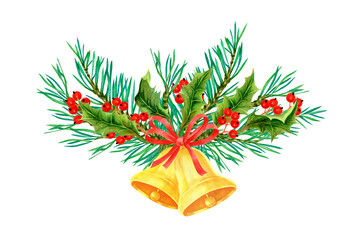 Christmas composition with fir twigs, holly berries and golden bells on isolated white background. Happy New Year, Merry Christmas. Watercolor illustration