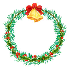 Christmas wreath made of fir twigs, holly berries and golden bells with bow on isolated white background for card, banner, flyer. Watercolor illustration