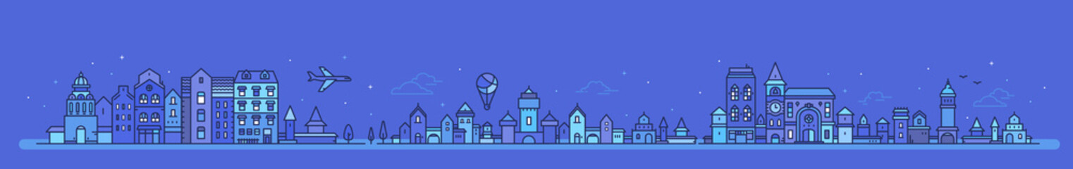 Vector illustration of cityscape on blue color sky background with plane and air balloon. Line art style design of panorama of european city street