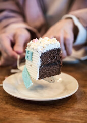 Piece chocolate cake with topped whipping cream on white dish