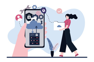 Cartoon woman carries files for uploading to cloud storage. Hand holding phone with app. Cloud computing and network services. Hosting stage service
