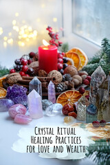 Christmas decoration and gemstones. Crystal Ritual: Healing Practices for Love and Wealth. energy healing minerals for esoteric, relax, life balance, witchcraft. Christmas, Magical Winter Solstice.
