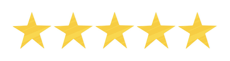 Obraz premium Five yellow stars in one row. Isolated on white. Website and application design. Rating and reviews about delivery, hotels, services. Vector illustration. Flat